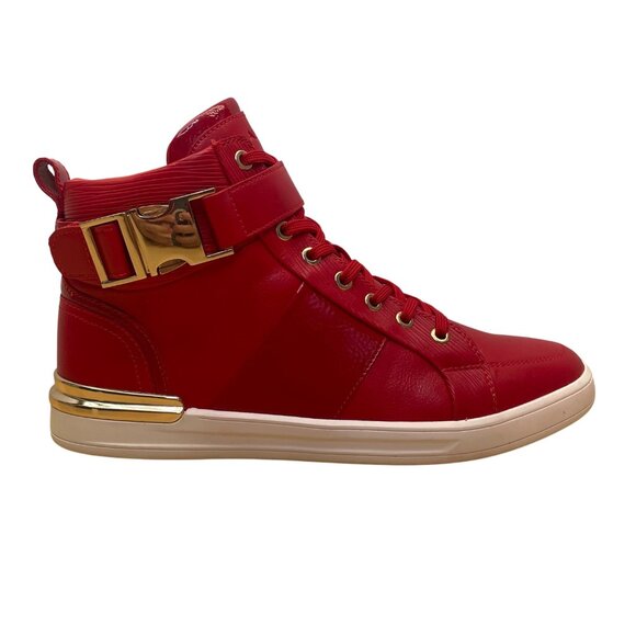Aldo Men’s Red Faux Leather With Gold Accents High-Top Brauerr Sneakers Size 9 - Picture 1 of 9